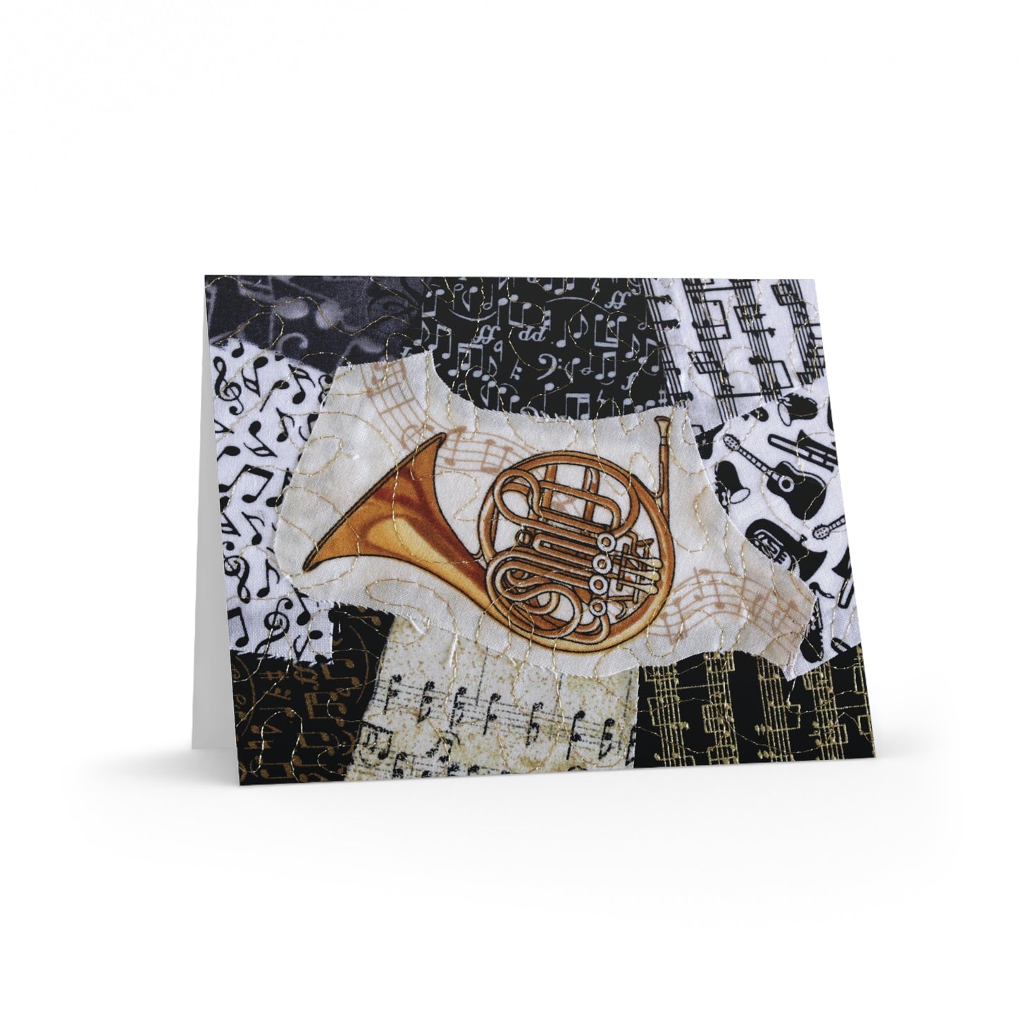 Greeting card with musical design featuring a French horn