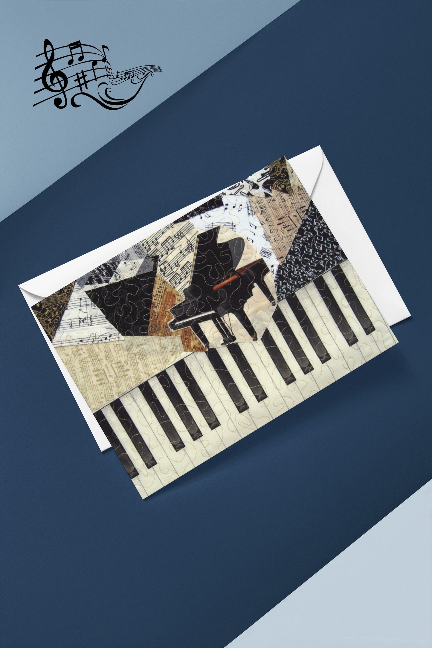 Greeting card with piano design on a blue and gray background