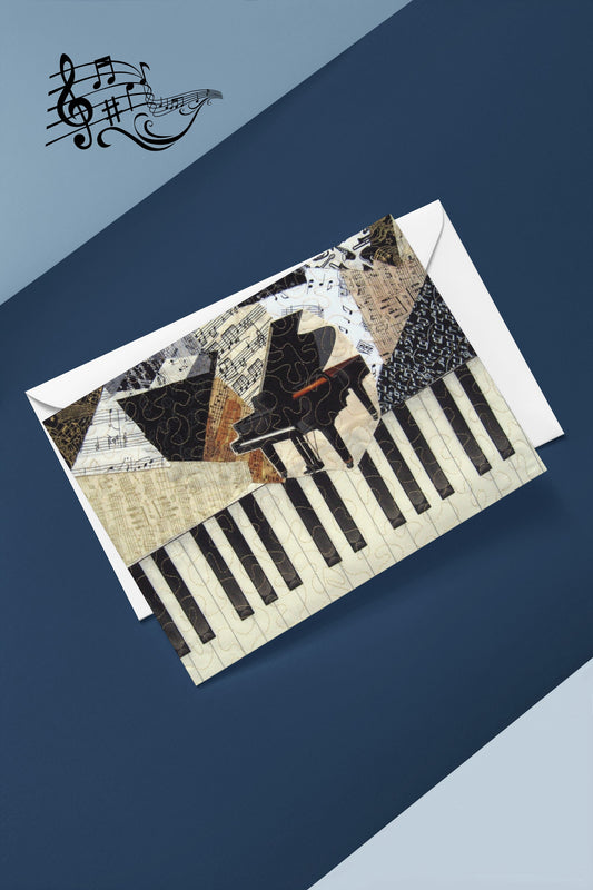 Greeting card with piano design on a blue and gray background