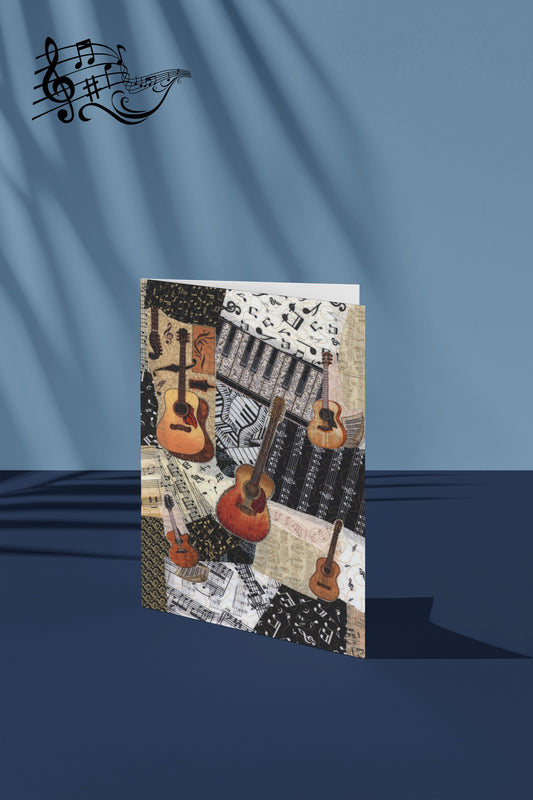 Greeting card with acoustic guitars on a music background